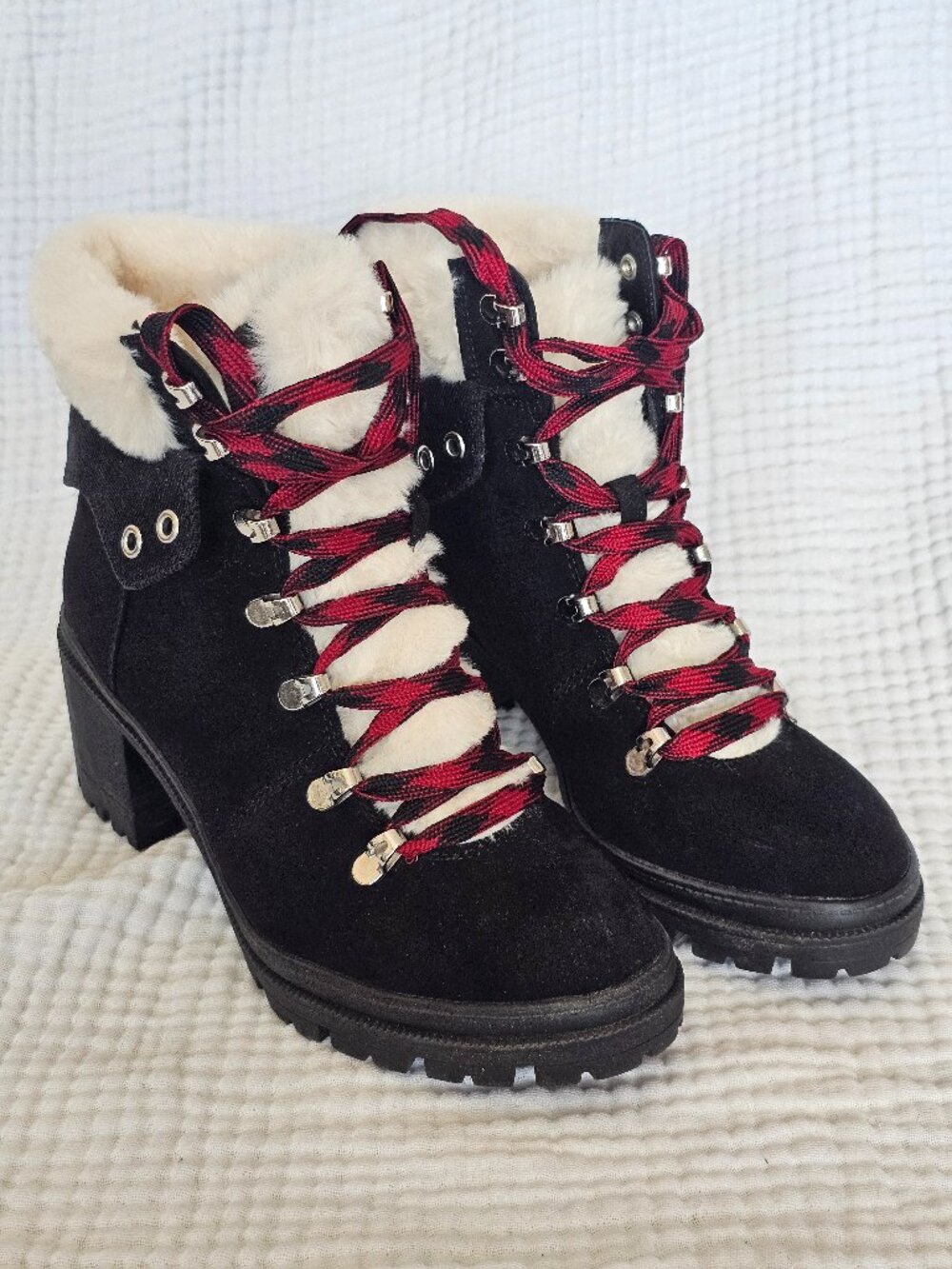 Jellypop Mission Hiker Boot Black Faux Fur Buffalo Plaid Lace Sz 8